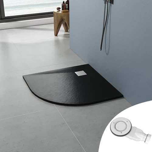 AQUABATOS SMC Duschwanne 90x90 cm 32 mm Schwarz Rund Halbrund Viertelkreis Duschtasse Rutschfest für Runddusche Duschkabine Dusche Steinoptik Schieferoptik Superflach mit Siphon/Ablaufgarnitur