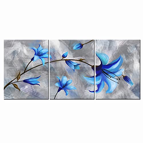 Sechars 3 Panel Blue Flower Canvas Wall Art Royal Blue Lily Floral Picture Painting Giclee Print Artwork Framed Bedroom Bathroom Decorations Ready To Hang #TOP22