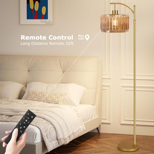 Image of QIYIZM Glass Floor Lamp for Living Room,Bedroom,Gold Dimmable Standing Lamp with Remote,Mid Century Modern Brass Tall Lamp Boho Vintage Retro Floor Lamps Arc Amber Flower Floor Light Lamp Bohemian