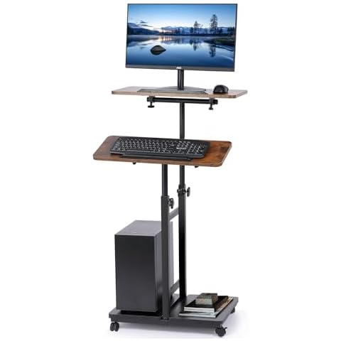 Hovadova Mobile Laptop Stand Desk, Standing or Sitting Rolling Computer Cart with Tower Stand, Adjustable Height 27.5" to 47.2" Portable Laptop Table Home Office Computer Workstation, Locking Wheels Cover