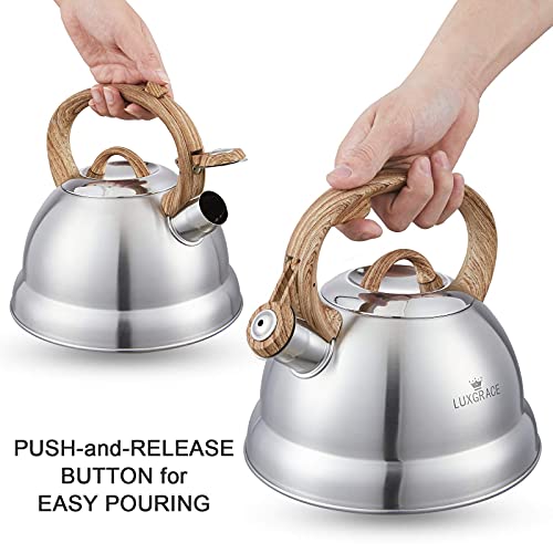 Creative Home 2.3 Qt. Stainless Steel Whistling Tea Kettle Teapot with Ergonomic Wood Rubber Touching Handle, Satin Finish - Thumbnail 3