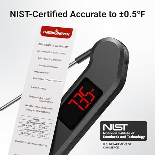 Thermomètre numérique professionnel de la viande, 1 Sec lecture instantanée, ±0.5℉ Thermomètre alimentaire certifié NIST&NSF avec précision, auto-rotation lumineuse LED Thermomètre de cuisson à l'écran, très étanche pour Grill BBQ, noir