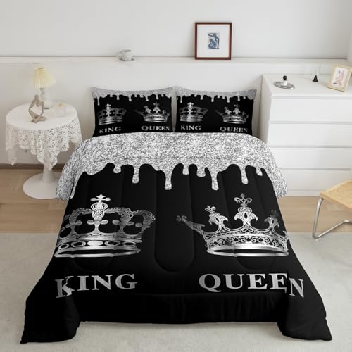 Image of Feelyou Couple Twin Silver Crown King & Queen Bedding Set Boys Girls Mr & Mrs Comforter Set Glitter Print Comforter Adults Anniversary Duvet Set 2Pcs
