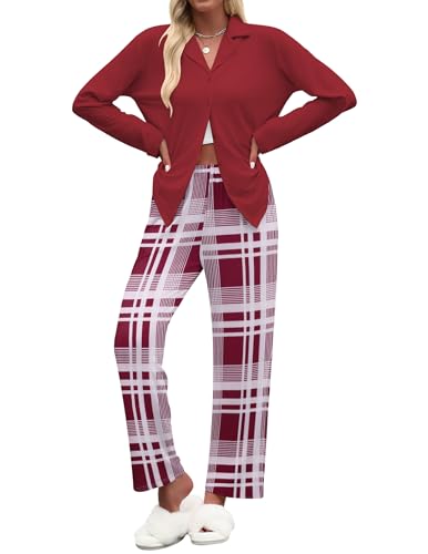 Ekouaer Women's Pajamas Sets Button Down Long Sleeve Lounge Sets Soft 2 Piece Pants Sleepwear Wine Red/White Plaid S