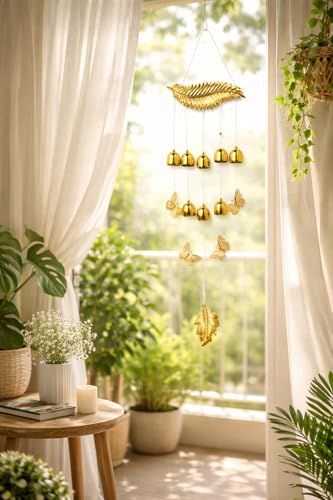 Image of Decorative Wind Chime for Home | Wooden House with Bells Colourful Beads | Positive Energy Balcony Living Room Hall Garden Home Decor (Feather Wind Chimes)