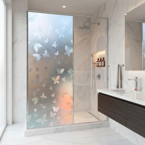 Image of WISDOM Butterfly Frosted Window Privacy Film Self-Adhesive Decorative Glass Film UV Blocking Heat Control Removable No Glue Window Covering for Home, Office, Bathroom 16x36