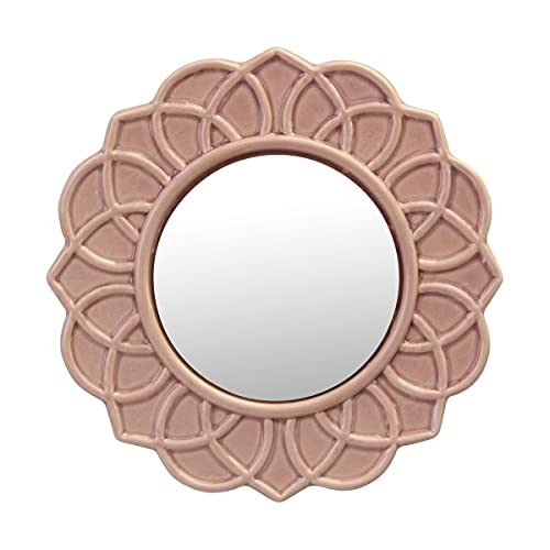 Image of Stonebriar Decorative 9" Pale Pink Round Floral Ceramic Accent Wall Mirror with Attached Hanging Loop, Decorative Decor for The Living Room, Bedroom, Bathroom, Hallway, and Entryway