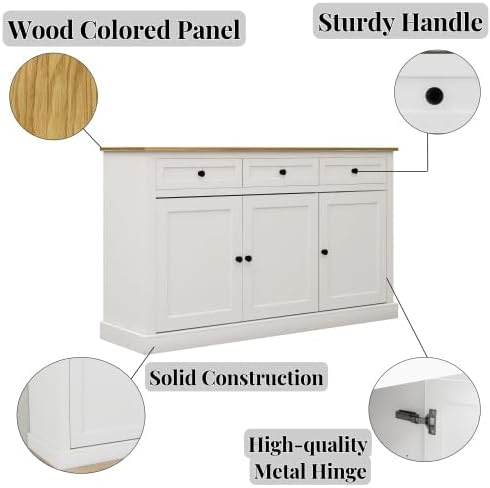 Farmhouse Style Buffet Cabinet, 3 Drawers, 3 Doors, Adjustable Shelves, White
