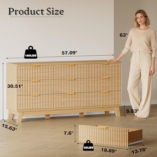 Image of BORNOON Fluted 9 Drawer Dresser, 57.1 inch Wide Modern Boho Chest of Drawers, Wooden Storage Dresser TV Stand for Bedroom, Living Room, Closet, Hallway, Curved Profile Design