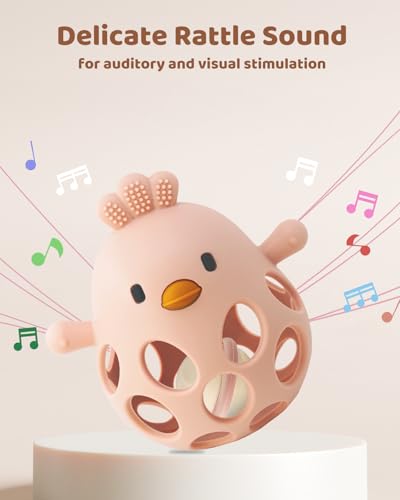 Image of Baby Teething Chick Toy, Upgraded Easy Grasp Silicone Teething Rattle Ball Toy for Babies Over 3 Months, 100% Food Grade, Gift for Infant Boys and Girls 0-6-12 Months (Pink)