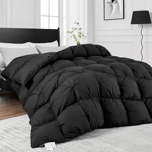 KAKABELL Pinch Pleat Goose Down Feather Comforter Queen Black 90'x90'