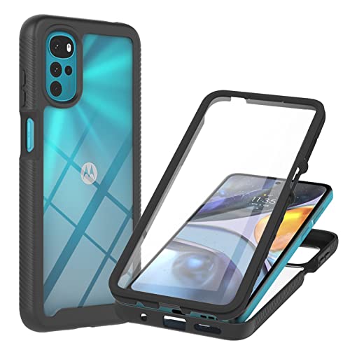 Motorola Moto G22 Case Built-in Screen Protector, 360 Full Body Protective Cover Anti-Scratch Shockproof Transparent Clear Silicone Bumper Slim Phone Case for Motorola Moto G22, Black