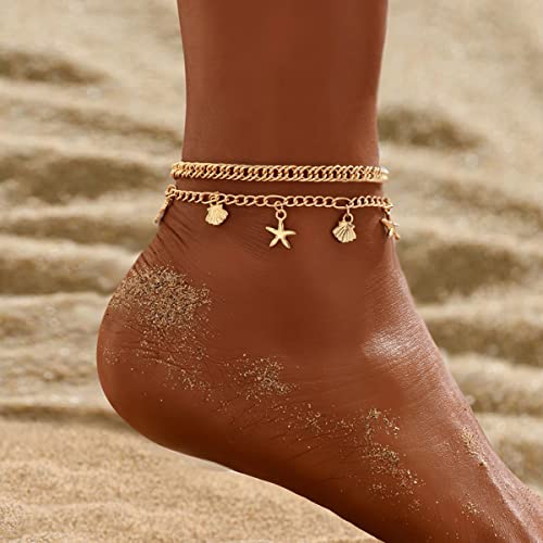 Honsny Gold Ankle Bracelets For Women,14K Gold Plated Cuban Link Anklets Set Layered Anklets For Women #TOP1