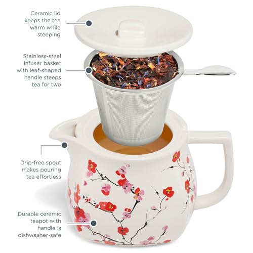 Image of Tea Forte Ceramic Teapot with Infuser, Sakura Cherry Blossom, 24 oz | Floral Patterned Ceramic Teapot & Lid - Stainless Steel Loose Leaf Tea Infuser - Microwave & Dishwasher Safe