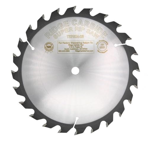 Ridge Carbide 10" Super Ripping Full Kerf Saw Blade | 24 Teeth, FTG/STR Grind, 20° Hook, 5/8" Bore, 0.087" Plate Thickness, 0.125" Kerf | for Fast &amp; Efficient Ripping (TS21024FT-5/8)