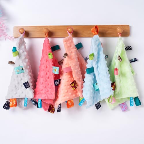 Image of HECCEI Baby Security Blanket with Colorful Satin Taggies, Plush Sensory Soothing Blanket 10 x 10 inches Square Appease for Babies Girls /Boys(Grey)