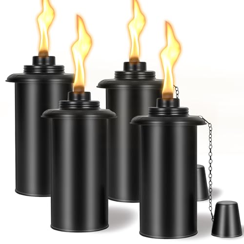 16oz Torch Replacement Canisters - 4 Pack Refillable Metal Torch Fuel Canisters with Wicks and Snuff Covers Outdoor Tabletop Lantern Decorative Cans for Garden Patio Luau Beach Theme Parties