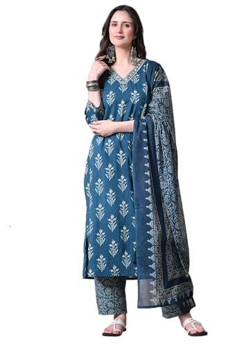 Image of MEERA FAB Women Floral Printed Sequined Cotton Straight Kurta with Palazzos & Dupatta | Sanganeri Print