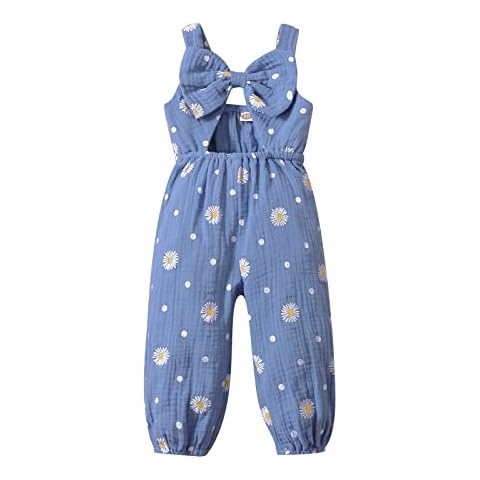 Baby Girl jumpsuit Elegant Sleeveless Romper Daisy Print Hollow Out Bow Long Bodysuit Casual Sweet Toddler Playsuit Overalls Pants Summer Outfits (Blue , 80) Cover