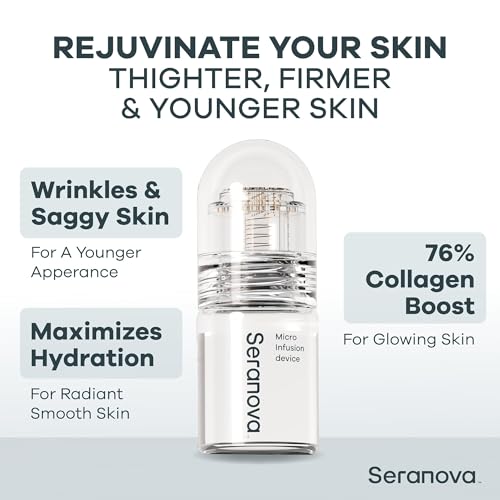 Seranova Micro Infusion System for Face & Neck 0.05mm Stamp with Hyaluronic Acid & Collagen Peptide Serum for Firmer Smoother-Looking Skin, Easy 5-Minute At-Home Skin Care Application - 3 Month Supply