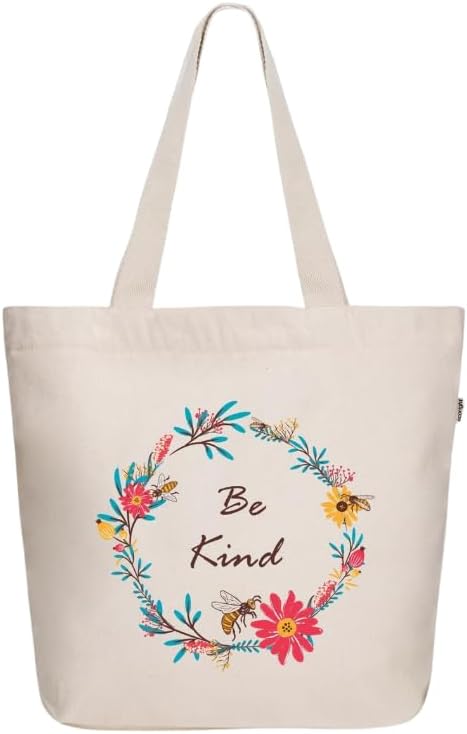 Aesthetic Canvas Tote Bag for Women - Large, Reusable, Zippered Tote Bag with Inner Pocket, Perfect for School, Shopping, Work, Beach, Cute & Eco-Friendly Gift for Girls, Teachers, Mothers