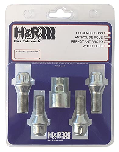 H&R Felgenschloss-Set M12x1.50x28mm Kegelbund - 4 Felgenschloss-Schrauben inkl. Adapter, Silber