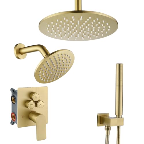 Juego de Ducha Rain Shower System, Set de Grifería en Oro Cepillado con Ducha de Mano 2 en 1, Cabezal de Ducha Doble de Lluvia, Montaje en Techo con Cabezal de Ducha de 10" y 6" de Pared, Diverter de Botón Pulsador miniatura 1