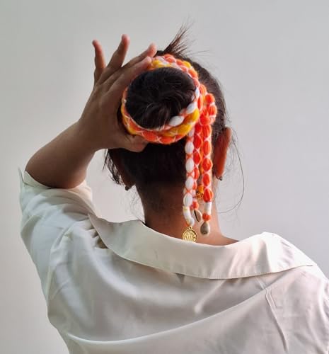 Image of Zippy Flora Boho Handmade Rang Parandi Hair Accessory, Braided Hairband for Women, Traditional Ethnic Look (Orange, Full Length (20-22 inch))