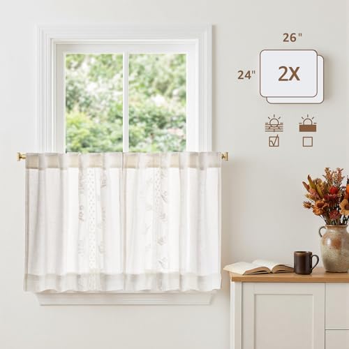 Image of jinchan White Floral Linen Kitchen Tier Curtains 24 Inch, 2 Panels