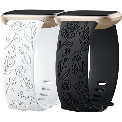 SNBLK 2 Pack Engraved Bands Only Compatible with Fitbit Versa 3/Fitbit Sense/Fitbit Versa 4/Fitbit Sense 2 Bands Four Models, Sunflower Rose Elegant Soft TPU Floral Pattern Replacement Strap