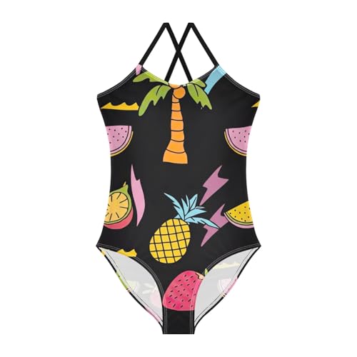 CHIFIGNO Tropical Fruits Black Little Girl Bathing Suit Quick Dry Crossback One Piece Swimsuit 3T