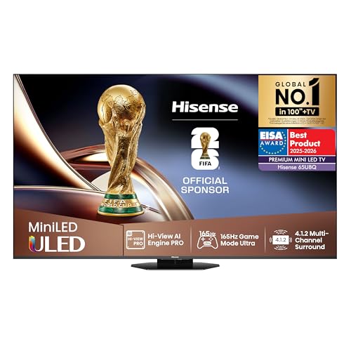 Hisense 65U8Q Fernseher, 65 Zoll (164cm), 4K UHD ULED, Smart TV, 165Hz Game Mode Ultra, Mini LED PRO, Hi-View AI Engine PRO, QLED Colour mit Pantone, Dolby Vision.Atmos, IMAX Enhanced, Filmmaker Mode