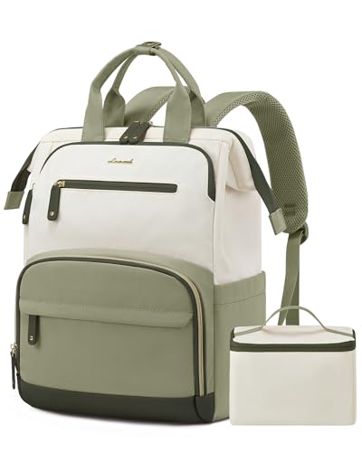 LOVEVOOK Mochila de almoço para mulheres, bolsa para laptop com lancheira térmica térmica, mochila de trabalho para professores de enfermagem para acampamento e piquenique, Verde-bege, 15.6 Inch