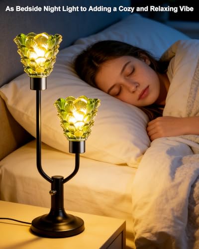 Image of Lightdot Green Glass Table Lamp for Living Room Dimmable Vintage Lamp Gift | Mid Century Modern Desk Lamp Black Nightstand Lamp 2 Bulbs Included Warmwhite Ambient Bedside Lamp for Bedroom Home Decor
