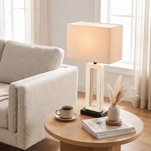 Image of 22 inch Modern Ceramic Table Lamps Set of 2, Cream Crackle Glaze Hollow Bedside Lamps with Linen Shade, 5ft Cord Rotary Switch E26 Base Nightstand Lamps for Bedroom Living Room Entryway Decor