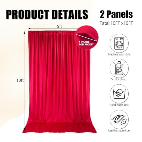 Image of 10ft x 10ft Red Backdrop Curtains for Parties, Polyester Fabric Backdrop Drapes with Rod Pockets for Weddings, Birthday, Halloween, Photography, Christmas Party Background Curtain, 2 Panels