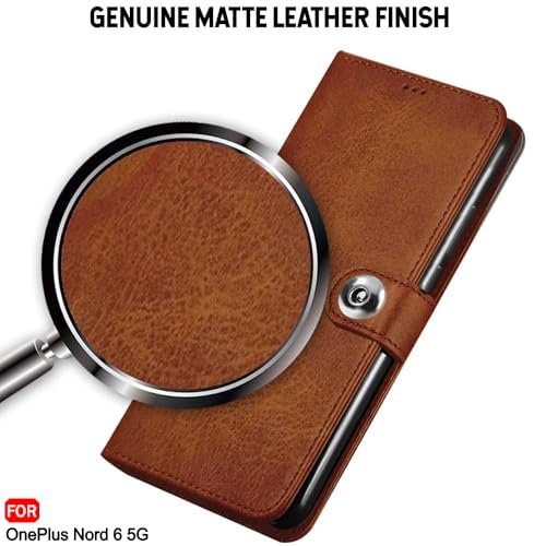 Image of TheGiftKart Genuine Leather Finish Flip Back Cover Case for OnePlus Nord 6 5G / CE 6 5G | Inbuilt Pockets & Stand | Wallet Style | Designer Button Magnet Flip Back Cover Case (Faux Leather, Brown)
