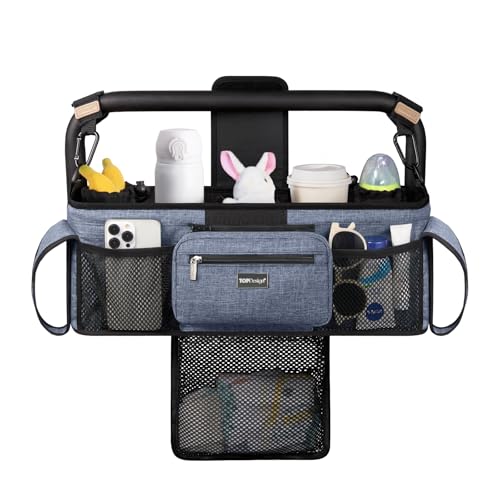 Image of TOPDesign Universal Baby Stroller Organizer, Double Stroller Caddy with Detachable Mesh Bag & Heightened Insulated Cup Holders & Non-Slip Secure Hooks Accessories, Fits Most Strollers (Blue)
