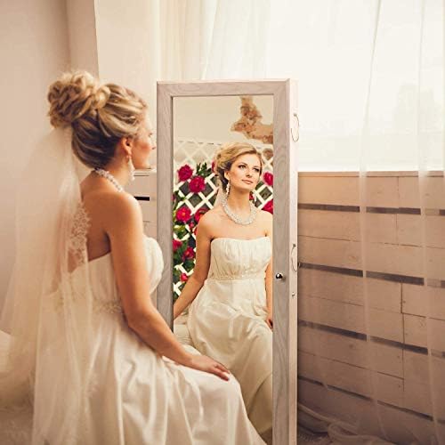 HOUSE DAY Jewelry Cabinet Wall Door Mounted Jewelry Organizer Mounted Lockable Jewelry Armoire Organizer with Full-Length Mirror Dressing Mirror Makeup Jewelry Storage (White)