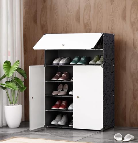 Image of LUVHOMEE Plastic Shoe Rack for Home with Door, 3-Door Shoe Storage Cabinet | 6-Shelfs for 12 Pairs | Waterproof & Portable DIY Shoe Slipper & Chappal Stand for Entryway /Bedroom (Blackwh-V5)