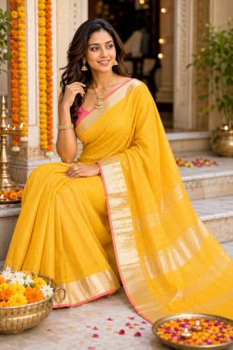 Image of HAIDER ALI AND SONS Grey Cotton Linen Saree for Women | Soft Linen Slub Blend Saree with Running Blouse Piece | Lightweight Handloom Style Saree | Office, Casual, Party & Festival Wear