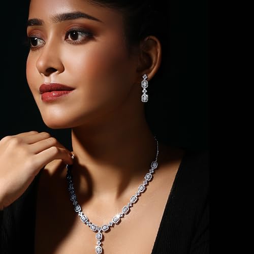 Image of Asmitta Jewellery Rhodium Plated Silver Toned Contemporary Choker Jewellery Set For Women Girls | Combo Of White And Baby Pink Cubic Zirconia & American Diamond Studded Necklace And Earring |Jewelry Suitable For Wedding Party (Contemporary)