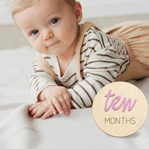 Image of Baby Monthly Milestone Markers Disc, Wooden 3D Milestone Cards for Photos, Baby Announcement Sign, 1-12 Months, wooden baby milestone sign (Pink)