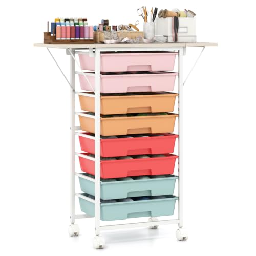 Giantex 8 Drawers Rolling Cart with Wheels, Folding Wood Top