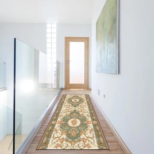 Alfombra pasillo beige y verde vintage 110x220 cm lavable para hogar 6