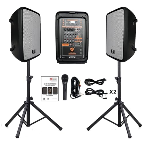 EXOTON EXOTON 10inch PA System with 8-Channel Mixer,Portable 600W Bluetooth Speakers,USB/SD/FM/5-band EQ, Includes 2 Speaker Stands/Mic/48V Phantom Power,for Indoor&Outdoor