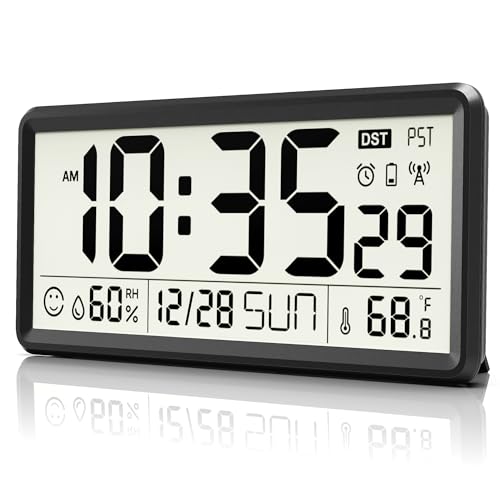 EASYERA 15 Large Digital Wall Clock Battery Operated Atomic Clock with Indoor Temperature and Humidity Self-Setting with Auto DST for Kitchen Classroom Living Room (Batteries Not Included)