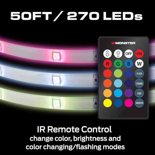 Image of Monster 50 Foot RGB LED Light Strip with Remote Control, 270 RGB LEDs, Adhesive Backing, Coated for Moisture Protection, Dimmable, 24V Plug, 4 Modes Including Strobe, Flash, Fade & Smooth