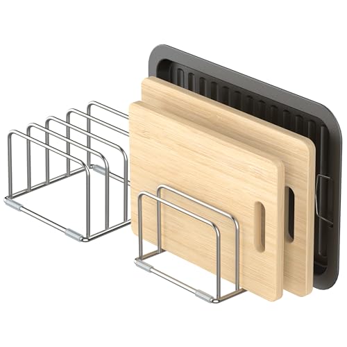 KORRTFID Cutting Board Holder Stand, Chopping Board Storage Rack, Cutting Board Organizer, 304 Stainless Steel Chopping Board Holder, Cookie Sheets Organizer 1.0+1.2 Inch Width Slots (2 PCS)