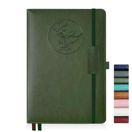 Qefuna Cuaderno de notas para mujeres y hombres, 256 páginas A5 cuadernos de notas de cuero, diario de rayas/cuaderno con papel 100Gsm, soporte para bolígrafo 5.8'×8.4'(verde)